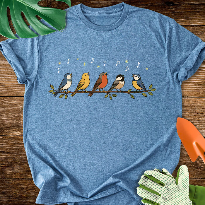 Cute Garden Songbirds on a Branch Bird Lover T-Shirt