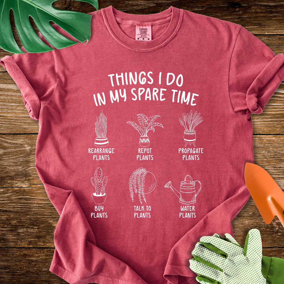 Crimson red Comfort Colors T-shirt with six illustrated plant hobbies under "Things I Do in My Spare Time".