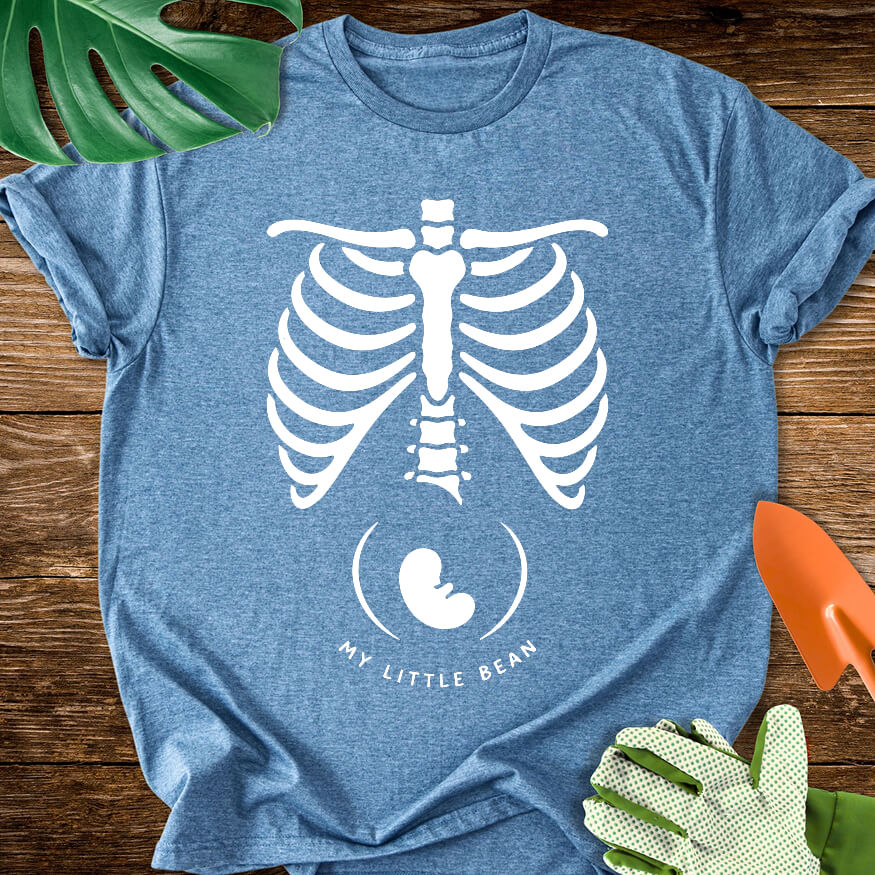 Heather indigo blue T-shirt with a skeleton rib cage above a baby silhouette and "My Little Bean".