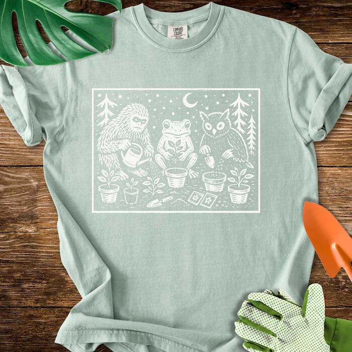 Bigfoot Frog Owl Gardening Linocut Graphic T-Shirt | Comfort Colors