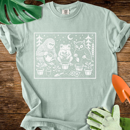 Bigfoot Frog Owl Gardening Linocut Graphic T-Shirt | Comfort Colors