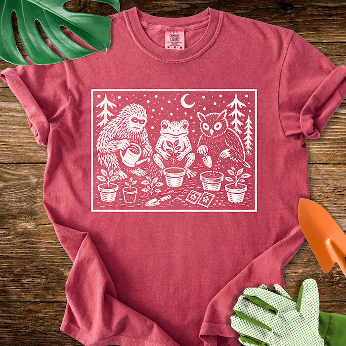 Bigfoot Frog Owl Gardening Linocut Graphic T-Shirt | Comfort Colors