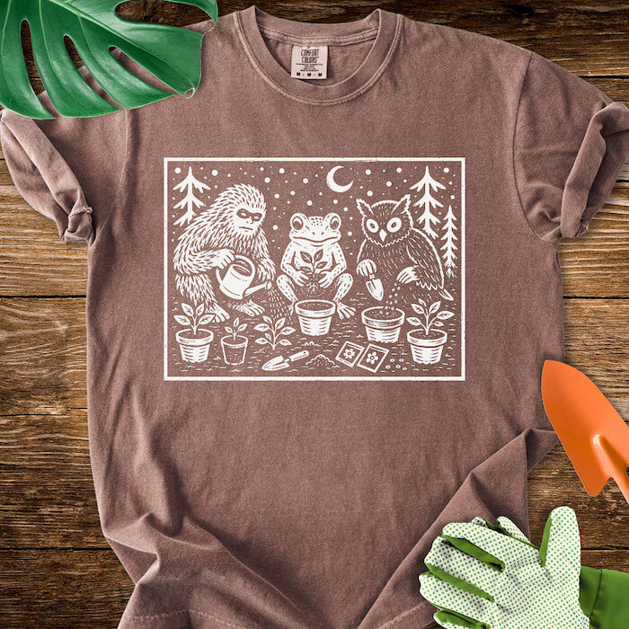 Bigfoot Frog Owl Gardening Linocut Graphic T-Shirt | Comfort Colors