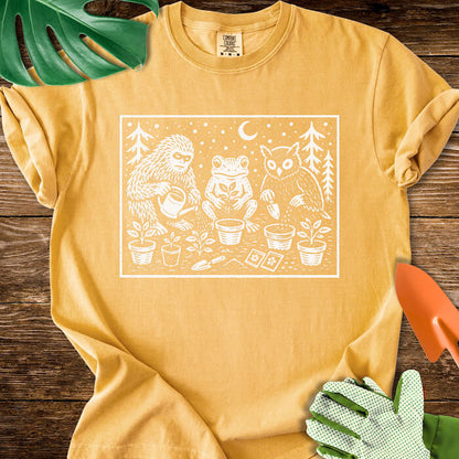 Bigfoot Frog Owl Gardening Linocut Graphic T-Shirt | Comfort Colors