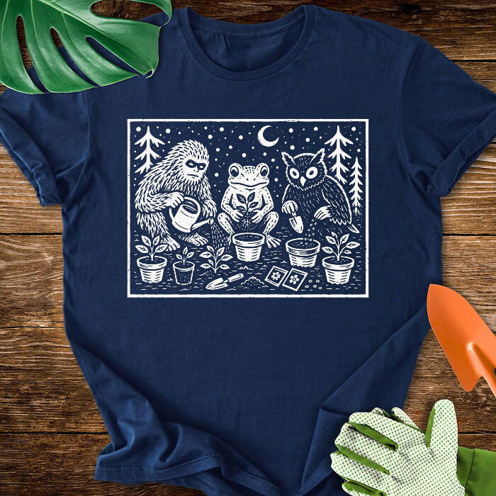 Bigfoot Frog Owl Gardening Linocut Graphic T-Shirt