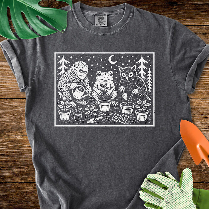 Bigfoot Frog Owl Gardening Linocut Graphic T-Shirt | Comfort Colors