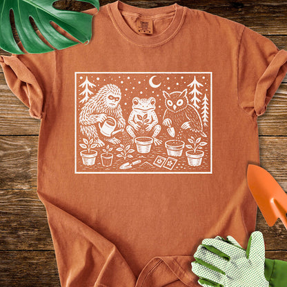 Bigfoot Frog Owl Gardening Linocut Graphic T-Shirt | Comfort Colors