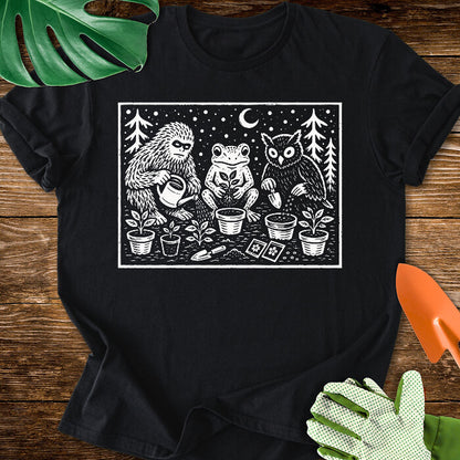 Bigfoot Frog Owl Gardening Linocut Graphic T-Shirt
