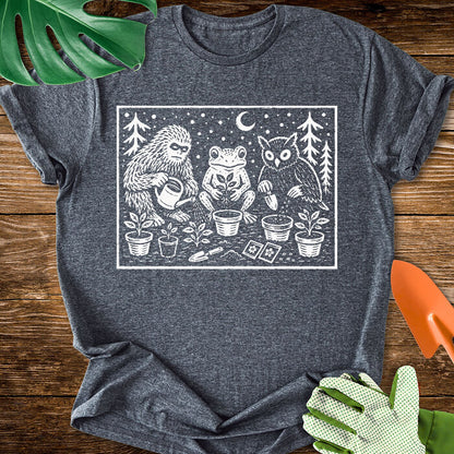 Bigfoot Frog Owl Gardening Linocut Graphic T-Shirt