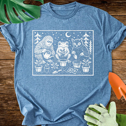 Bigfoot Frog Owl Gardening Linocut Graphic T-Shirt