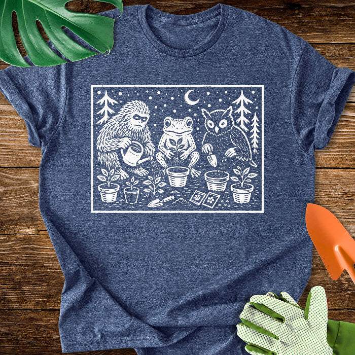 Bigfoot Frog Owl Gardening Linocut Graphic T-Shirt