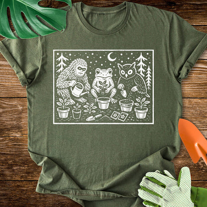 Bigfoot Frog Owl Gardening Linocut Graphic T-Shirt