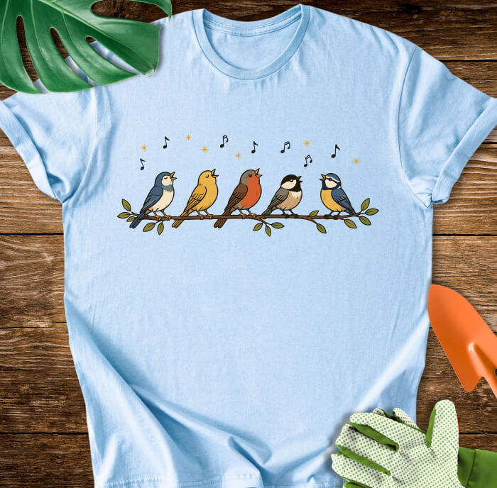 Cute Garden Songbirds on a Branch Bird Lover T-Shirt