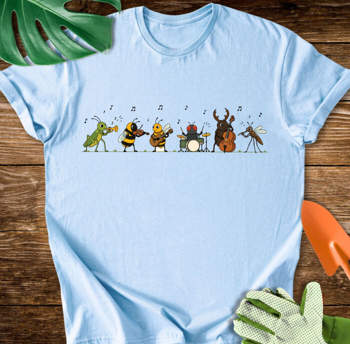 Bug Band  Funny Garden Insects Playing Music Cartoon T-Shirt