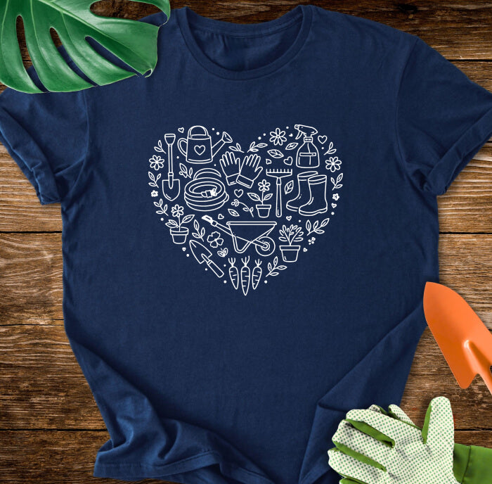 Gardening Tools Heart Line Art T-Shirt