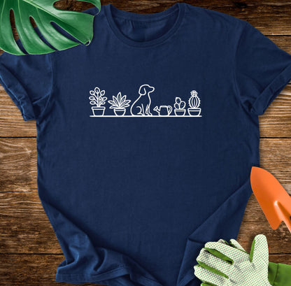 Dog And Houseplants Minimalist Line Art T-Shirt