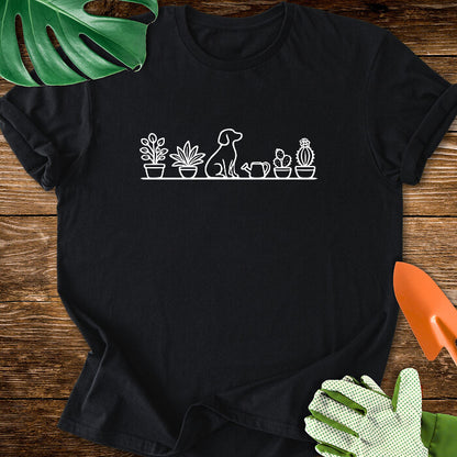 Dog And Houseplants Minimalist Line Art T-Shirt