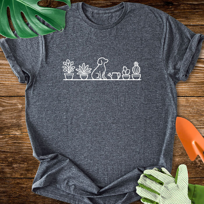 Dog And Houseplants Minimalist Line Art T-Shirt