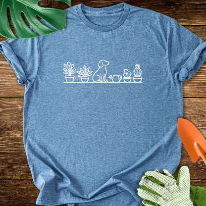 Dog And Houseplants Minimalist Line Art T-Shirt