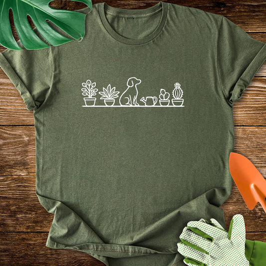 Dog And Houseplants Minimalist Line Art T-Shirt