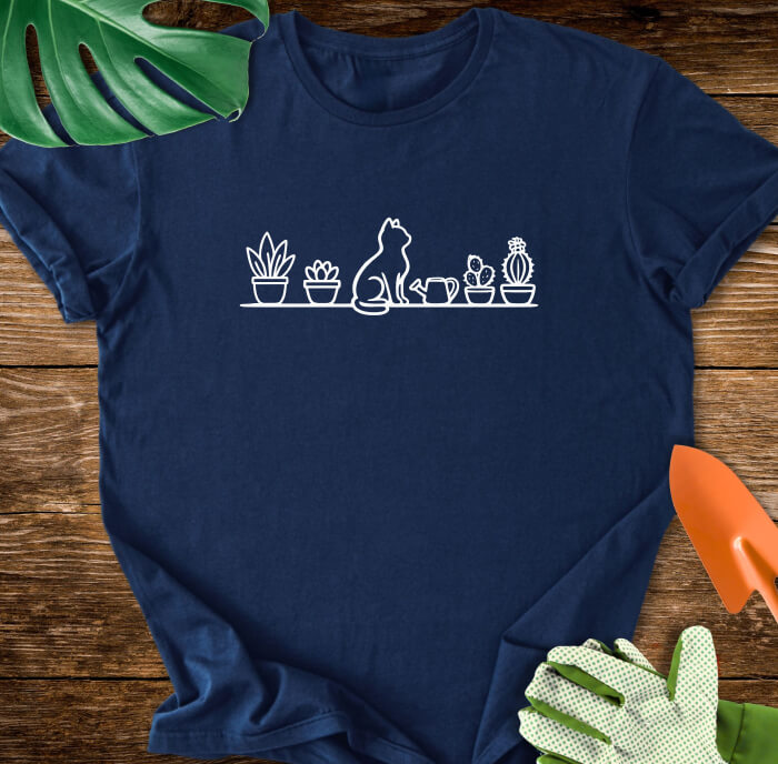Cat And Houseplants Minimalist Line Art T-Shirt