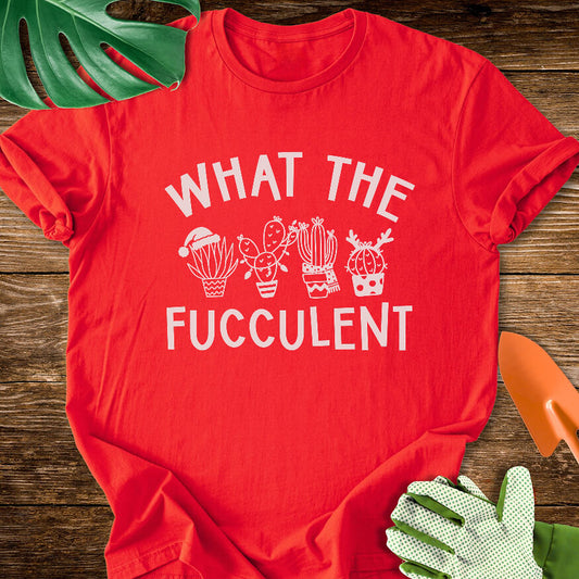 Red T-shirt with festive cactus and succulent drawings with "What the Fucculent".