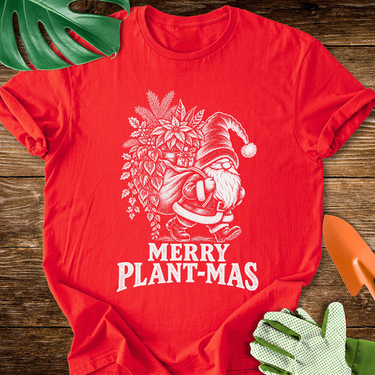 Red T-shirt with a festive gnome carrying houseplants above "Merry Plant-mas".