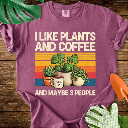 Berry purple Comfort Colors T-shirt with plants, coffee, and retro stripes with "I Like Plants and Coffee and Maybe 3 People".