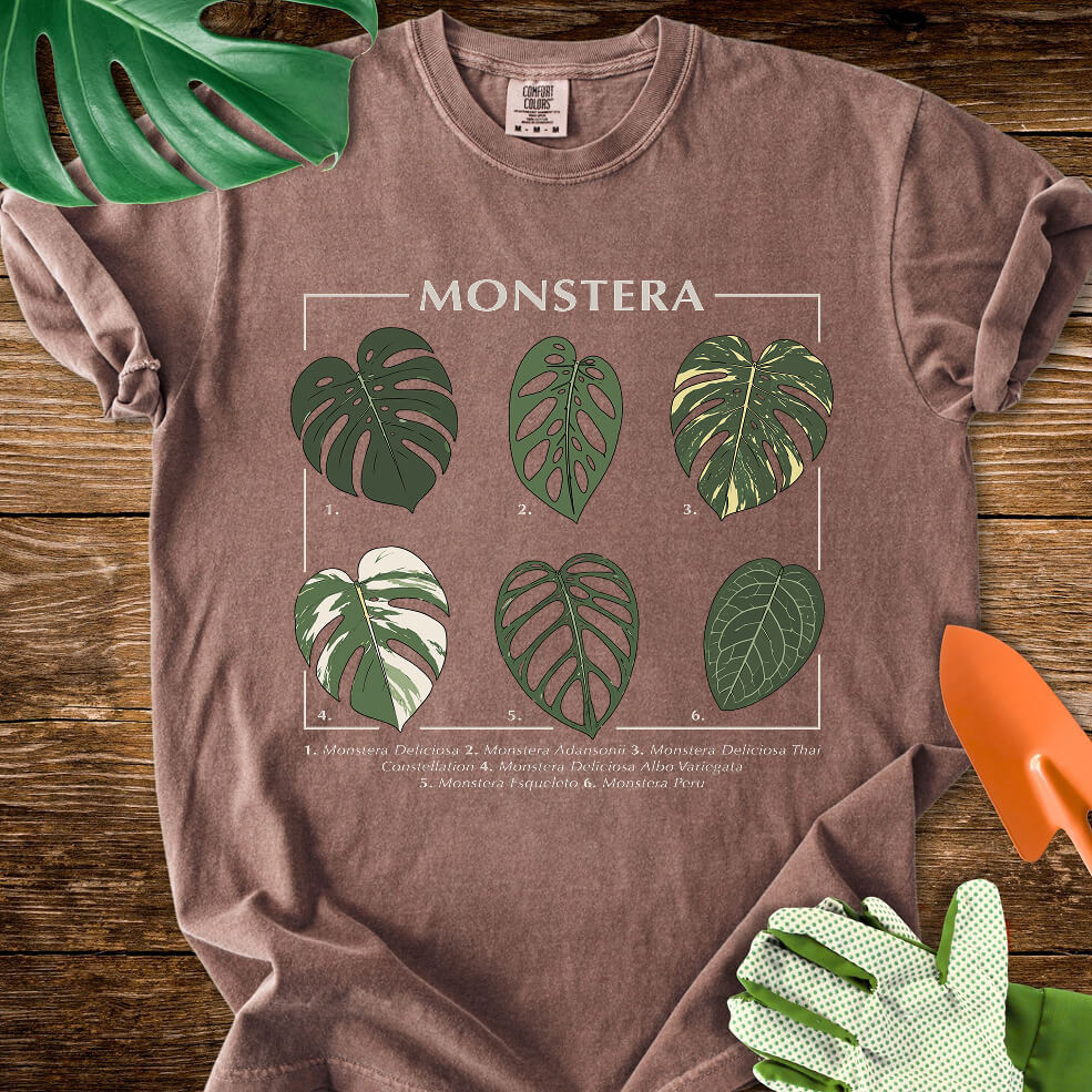 Espresso brown Comfort Colors T-shirt with a labeled botanical chart of different Monstera leaves.
