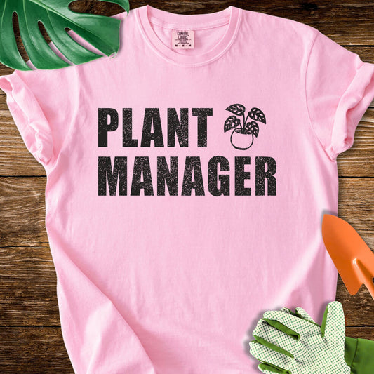 Blossom pink Comfort Colors T-shirt with bold "Plant Manager" lettering with a potted plant icon.