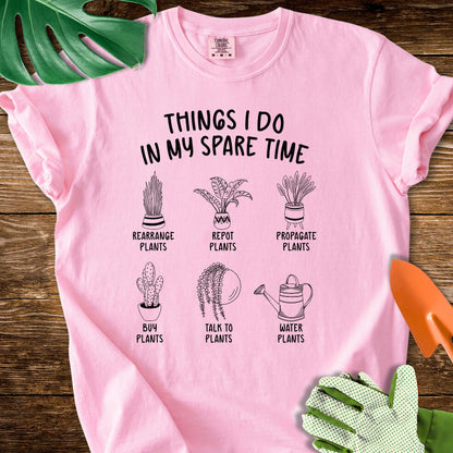 Blossom pink Comfort Colors T-shirt with six illustrated plant hobbies under "Things I Do in My Spare Time".