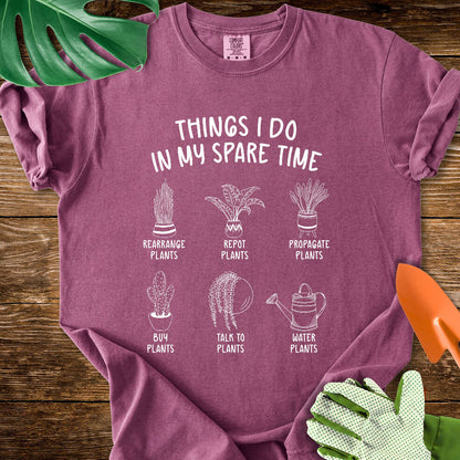 Berry purple Comfort Colors T-shirt with six illustrated plant hobbies under "Things I Do in My Spare Time".
