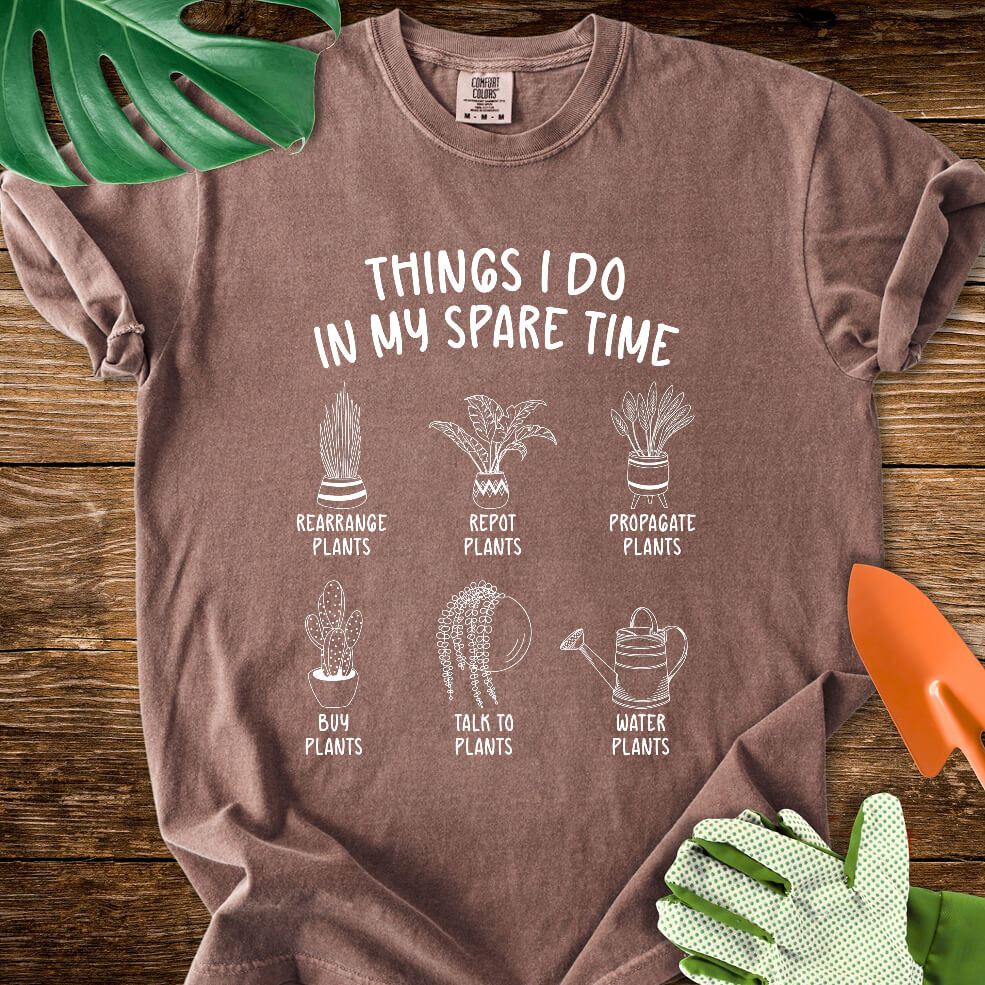 Espresso brown Comfort Colors T-shirt with six illustrated plant hobbies under "Things I Do in My Spare Time".