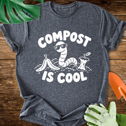 Dark heather gray T-shirt with a worm in sunglasses among scraps with "Compost Is Cool".