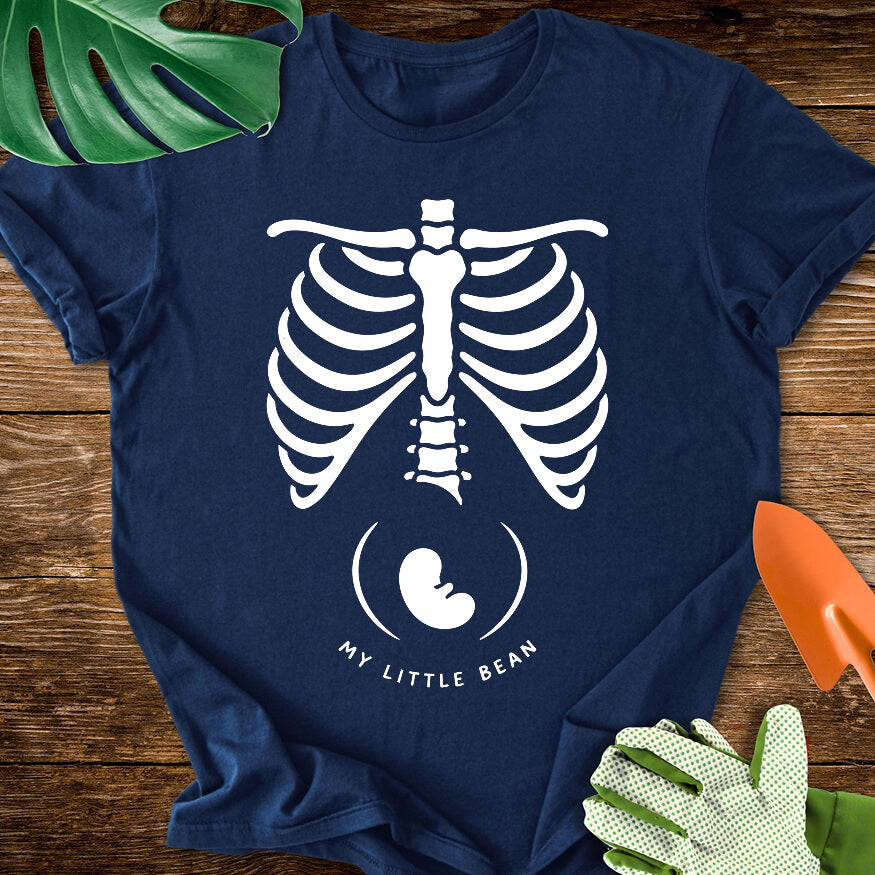 Navy blue T-shirt with a skeleton rib cage above a baby silhouette and "My Little Bean".