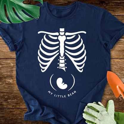 Navy blue T-shirt with a skeleton rib cage above a baby silhouette and "My Little Bean".