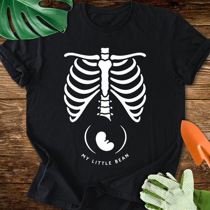 Black T-shirt with a skeleton rib cage above a baby silhouette and "My Little Bean".