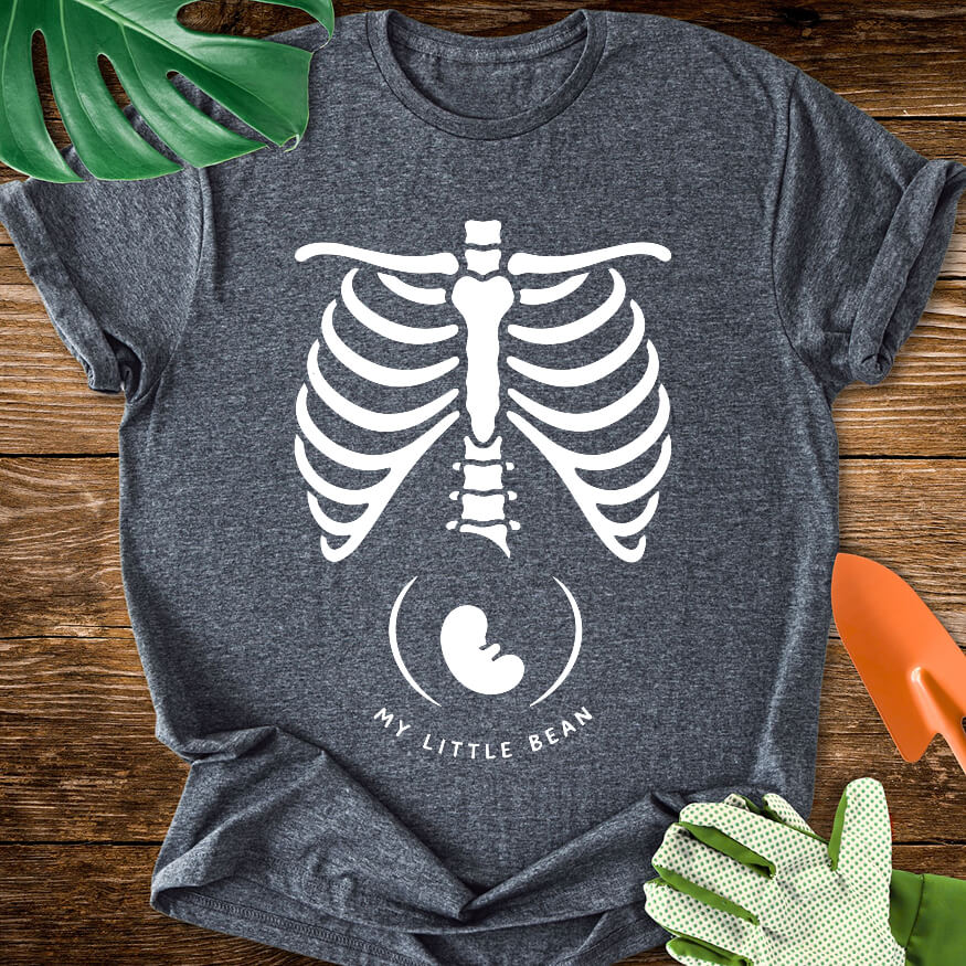 Dark heather gray T-shirt with a skeleton rib cage above a baby silhouette and "My Little Bean".