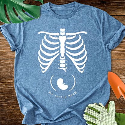 Heather indigo blue T-shirt with a skeleton rib cage above a baby silhouette and "My Little Bean".