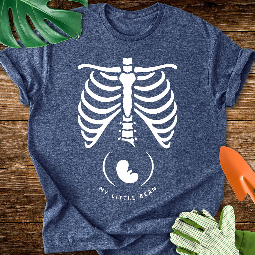 Heather navy blue T-shirt with a skeleton rib cage above a baby silhouette and "My Little Bean".