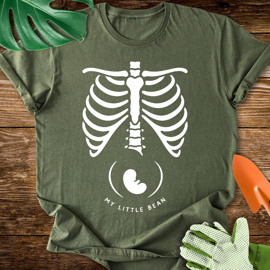 Military green T-shirt with a skeleton rib cage above a baby silhouette and "My Little Bean".