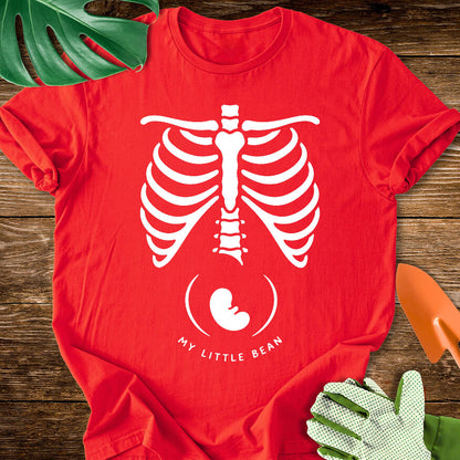 Red T-shirt with a skeleton rib cage above a baby silhouette and "My Little Bean".
