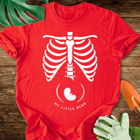 Red T-shirt with a skeleton rib cage above a baby silhouette and "My Little Bean".