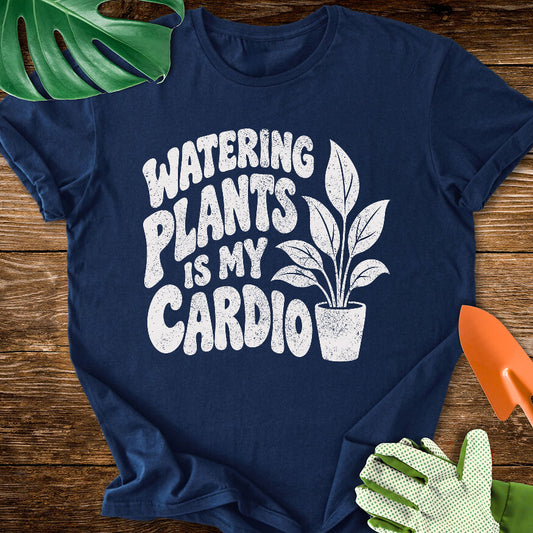 Navy blue T-shirt with a potted plant beside bold "Watering Plants Is My Cardio" lettering.