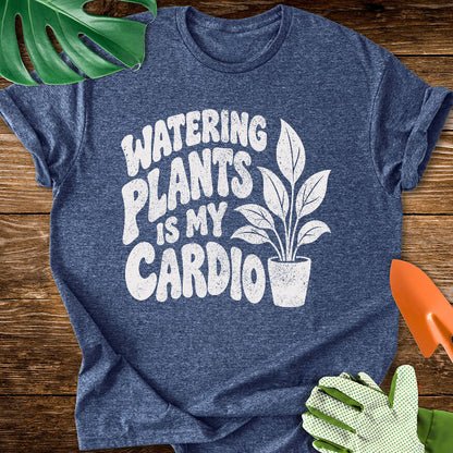 Heather navy blue T-shirt with a potted plant beside bold "Watering Plants Is My Cardio" lettering.