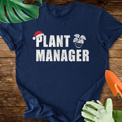 Navy blue T-shirt with a Santa hat, festive plant pot, and "Plant Manager" lettering.