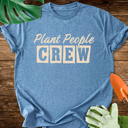 Heather indigo blue T-shirt with vintage-style lettering reading "Plant People Crew".