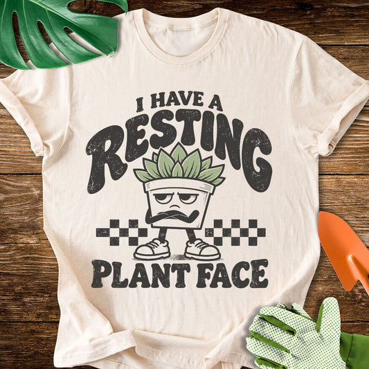 Natural cream T-shirt with a grumpy succulent in sneakers with "I Have a Resting Plant Face".
