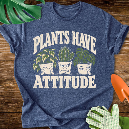 Heather navy blue T-shirt with three expressive potted houseplants with "Plants Have Attitude".