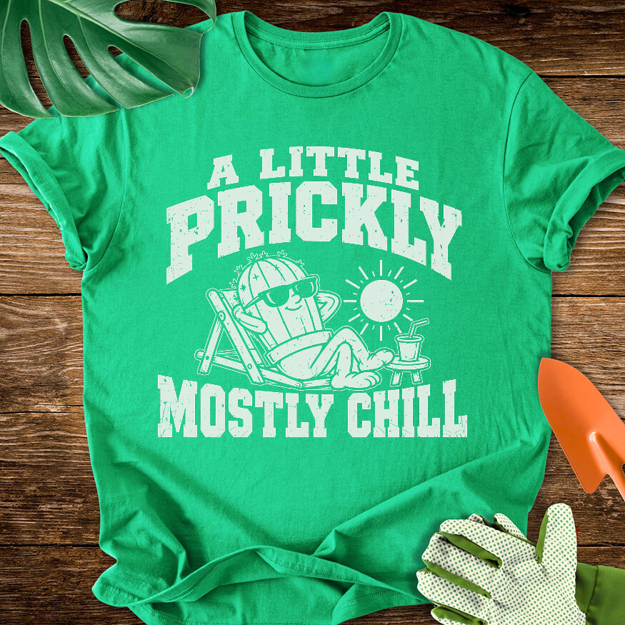 Irish green T-shirt with a cactus relaxing in sunglasses with "A Little Prickly, Mostly Chill".